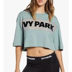 Ivy Park Women's Sheer Flocked Logo Cropped T-Shirt Chinois‎ Sage Green Small